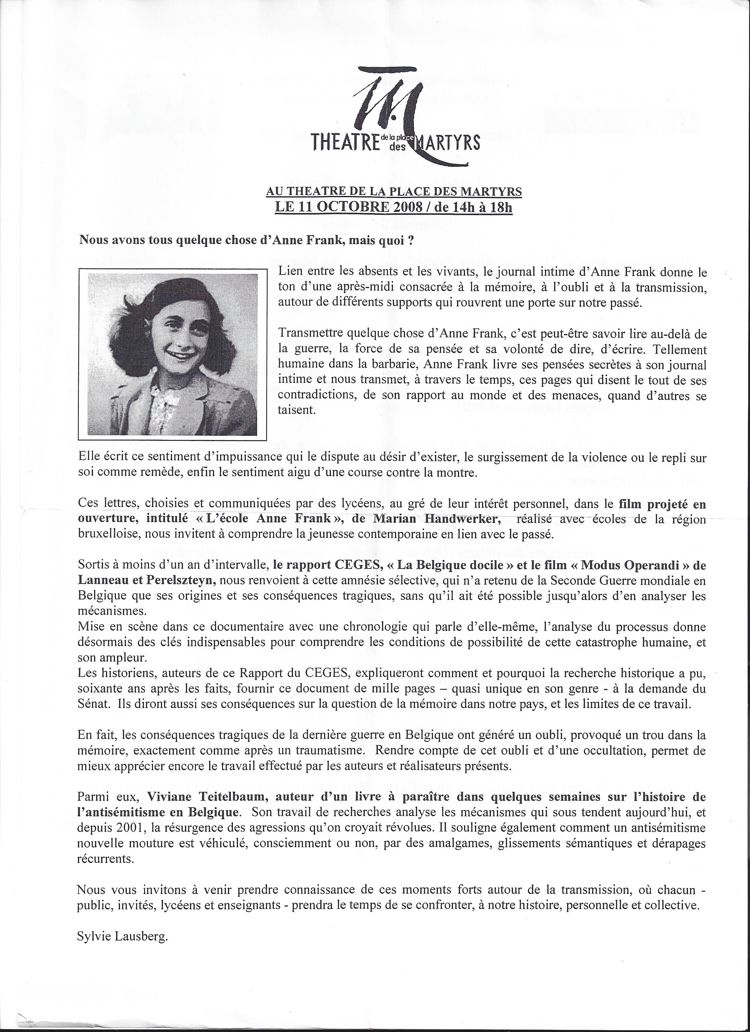 Anne Frank Rencontre au Théâtre des Martyrs 2008