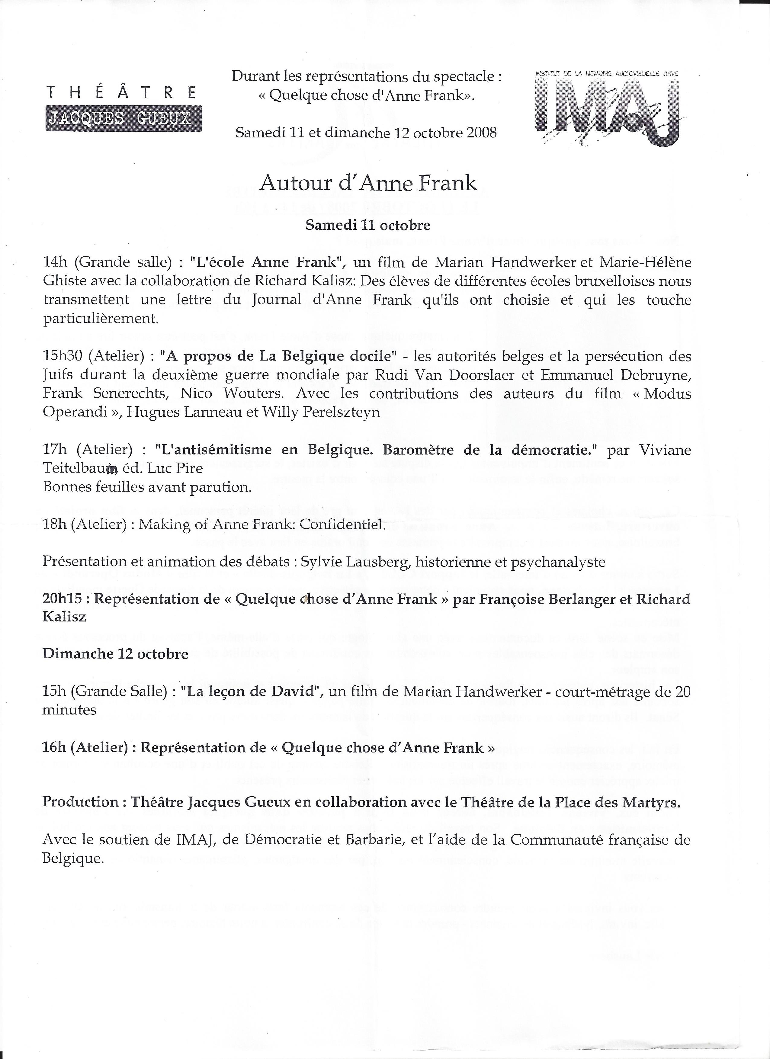 Anne Frank Rencontre au Théâtre des Martyrs Programme 11 10 20