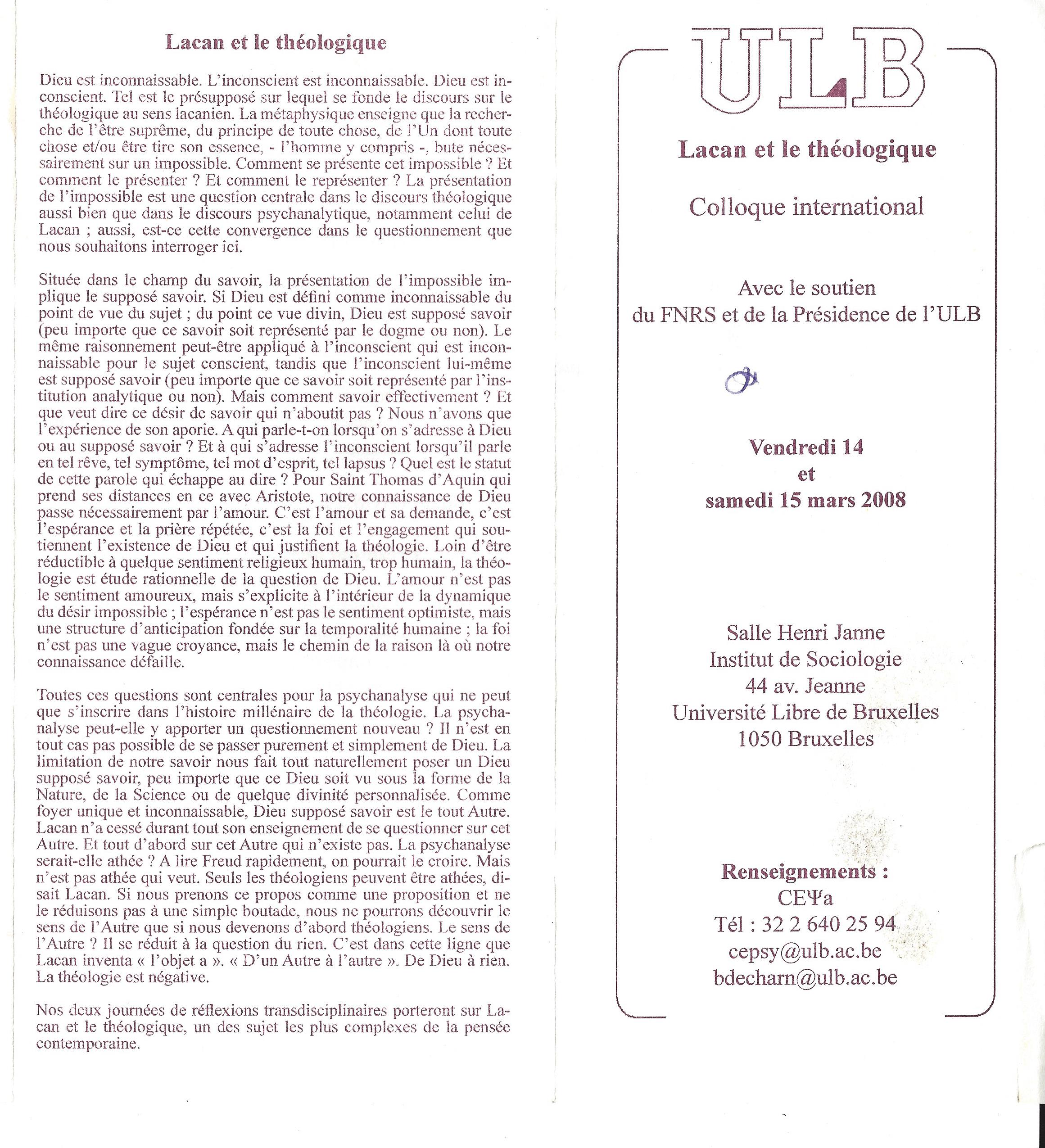 Lacan et le théologique Colloque 14 et 15 mars 2008